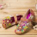 SOCOFY Retro Flower Decor Printed Cowhide Leather Stitching Cloth Comfy Round Toe Casual Flat Shoes