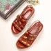  Comfy Leather Flowers Printed Retro Stripe Flat Sandals