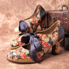 SOCOFY Women Elegant Graceful Little Flowers Printed Comfy Wearable Lace Up Stitching Chunky Heel Pumps