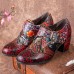  Women Retro Floral Printing Leather Soft Round Toe Sculpted Chunky Heels