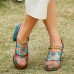  Genuine Leather Bohemian Ethnic Style Buckle Comfy Floral T  strap Heels