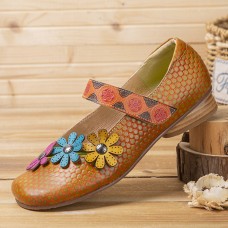 SOCOFY Flowers Decor Dot Printed Cowhide Leather Retro Ankle Strap Hook Loop Comfy Casual Flat Shoes