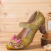 SOCOFY Butterfly Deocr Printed Cowhide Leather Hook Loop Comfy Wearable Chunky Heel Pumps