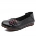 Women Vintage Floral Round Toe Genuine Leather Soft Sole Slip On Comfy Flats