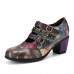  Women Retro Floral Printing Leather Comfy Hook Loop Round Toe Soft Chunky Heels